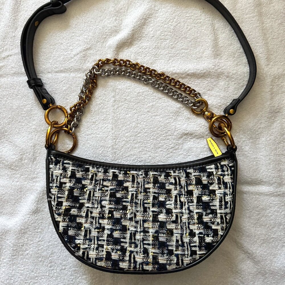 Charles & Keith Dancer Tweed Crescent Crossbody Bag, Navy